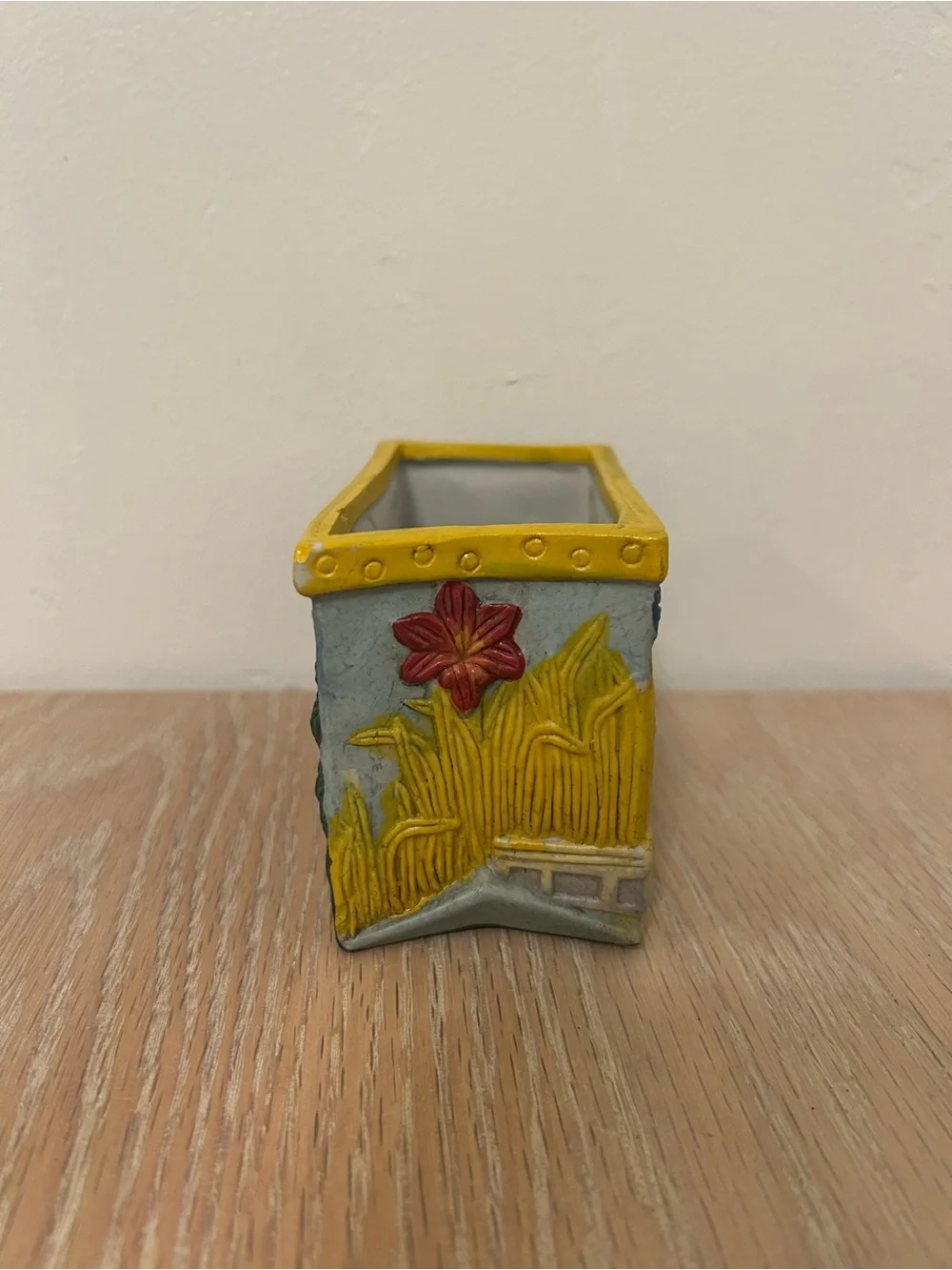 Hand-Painted Ceramic Rooster Planter in Yellow and Multicolor